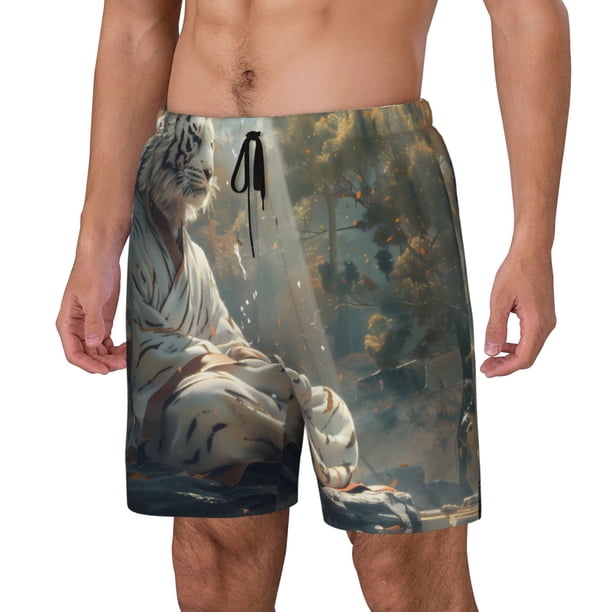 Fotbe Forest Meditating White Tiger Traje de Baño para Hombre – Shorts de Natación de Secado Rápido con Forro y Bolsillos-Small