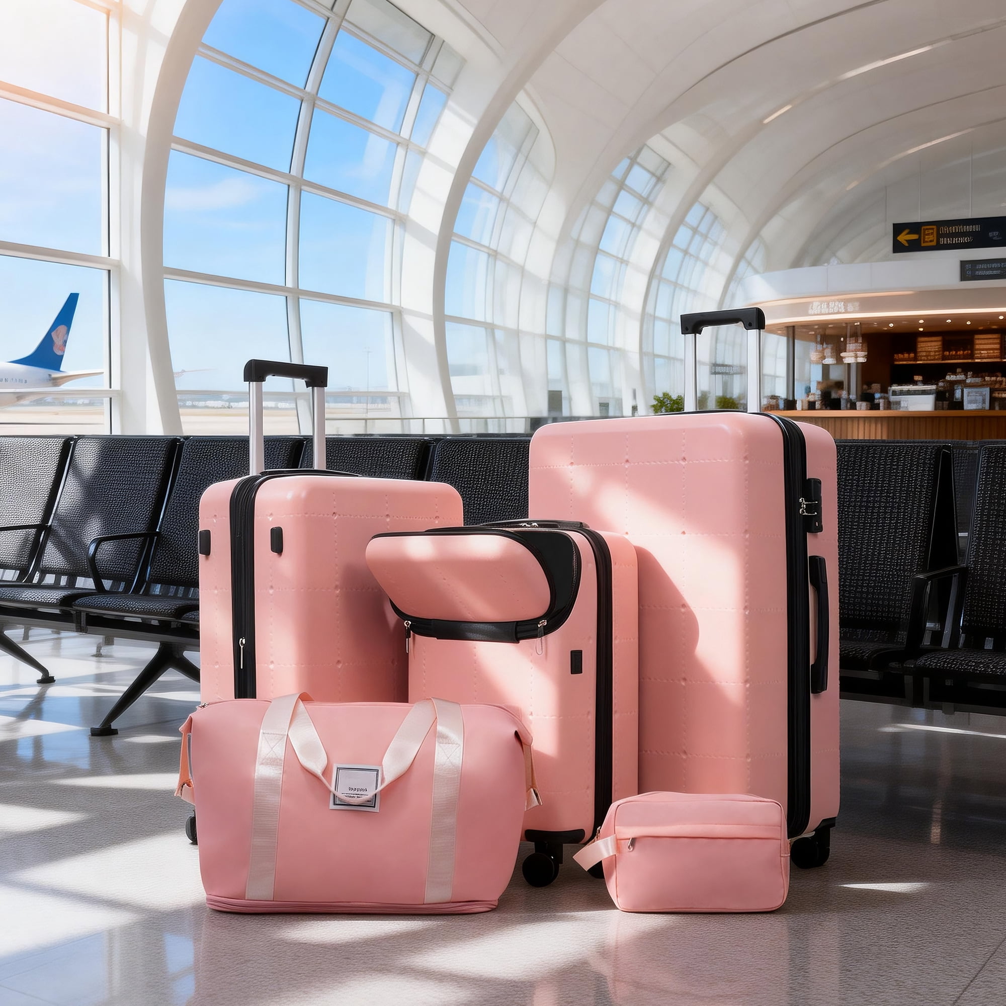 Euroco Luggage Sets 5 Piece, ABS Hardside Expandable Suitcase Set with TSA Lock Spinner Wheels and 2 Bags,20" Half-opening Carry on Luggage with USB Port for Travel,Light Pink(20"/24"/28")