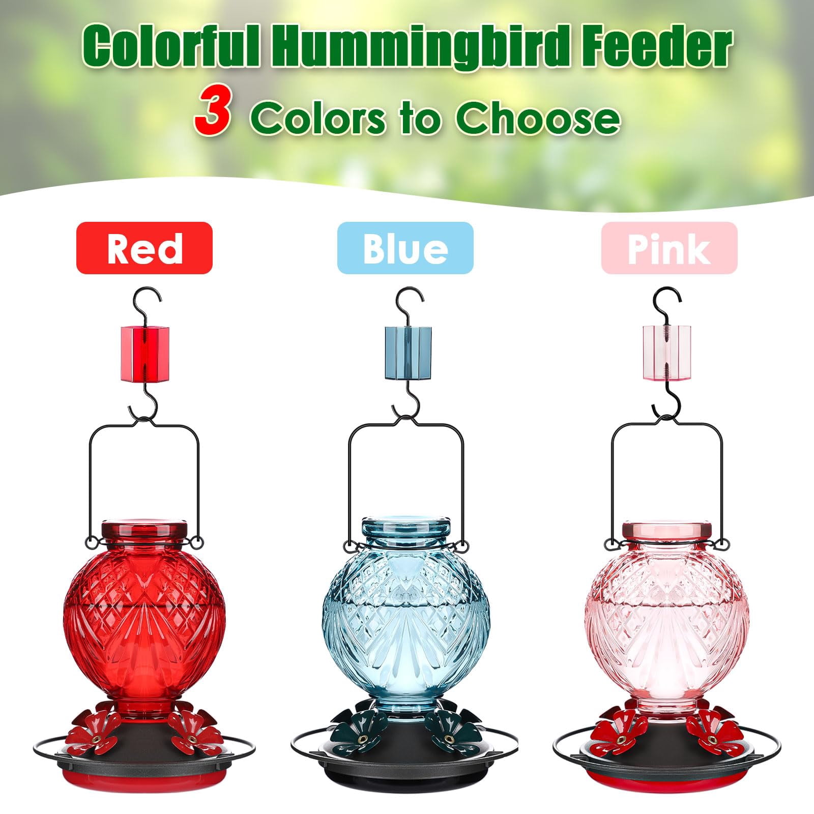 25 OZ Glass Hummingbird Feeder for Outdoors Hanging, Humming Bird Nectar Feeder with Ant Moat, 4 Bee-Proof Feeding Ports, 360° Perch, Leak-Proof, Gifts for Women Mom, Red