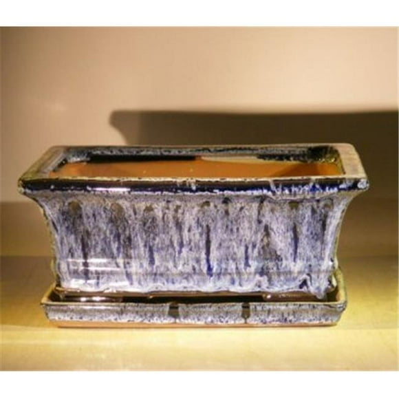 8.5 x 6.5 x 3.5 in. Ceramic Bonsai Pot with Attached Humidity & Drip Tray, Marble Blue - Rectangle