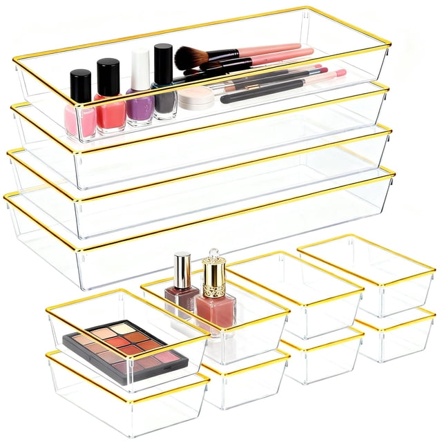 Bandejas organizadoras para cajón HOME BREEZE, paquete de 12, transparentes con borde dorado
