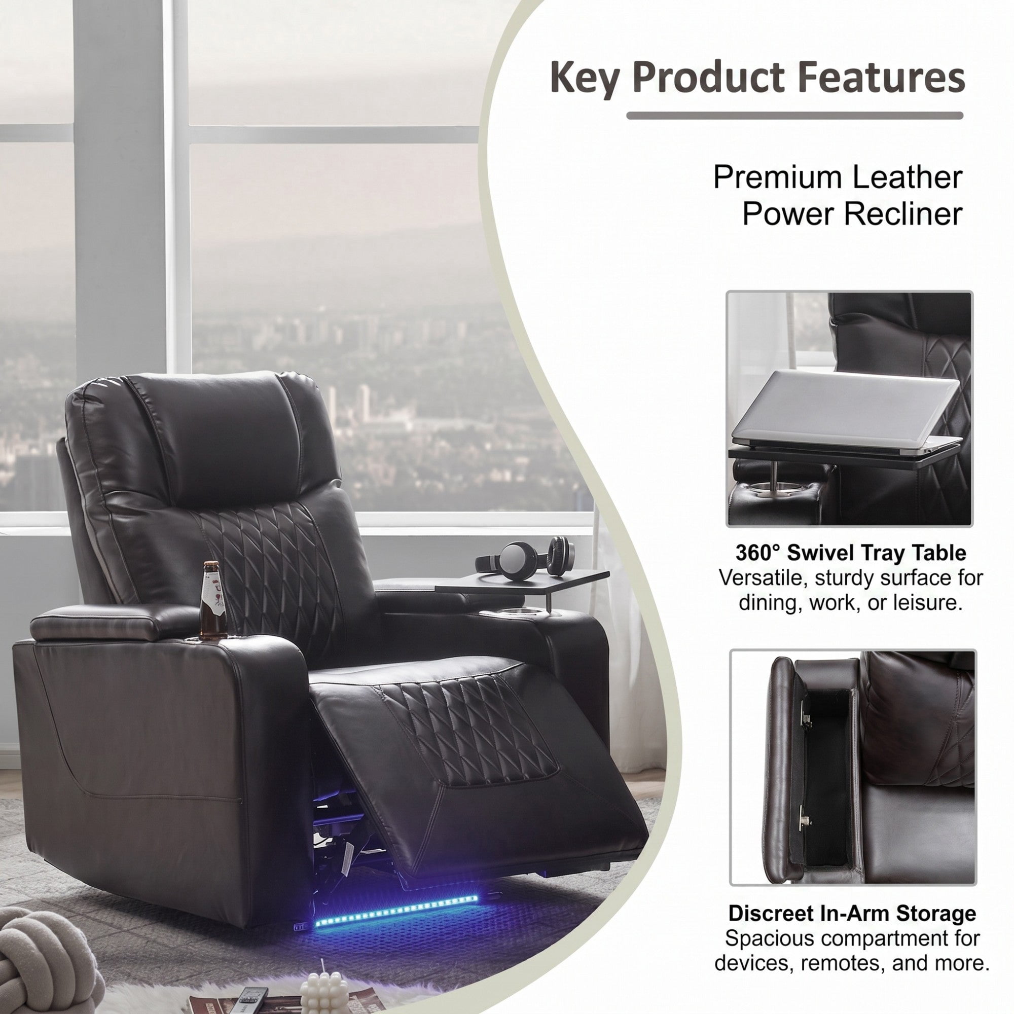 Sailvan Motion Recliner with Swivel Tray Table and Hidden Storage Black