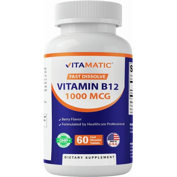 Vitamatic Vitamin B12 1000 mcg Fast Dissolve – 60 Tablets – Natural Berry Flavor – Supports Energy Metabolism & Nervous System Health