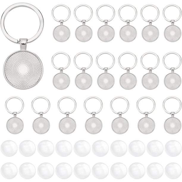 20 piezas de cabujón para llavero, bandejas de bisel en blanco, bandejas redondas de 25 mm para llavero de aleación de resina con 20 cabujón de vidrio.