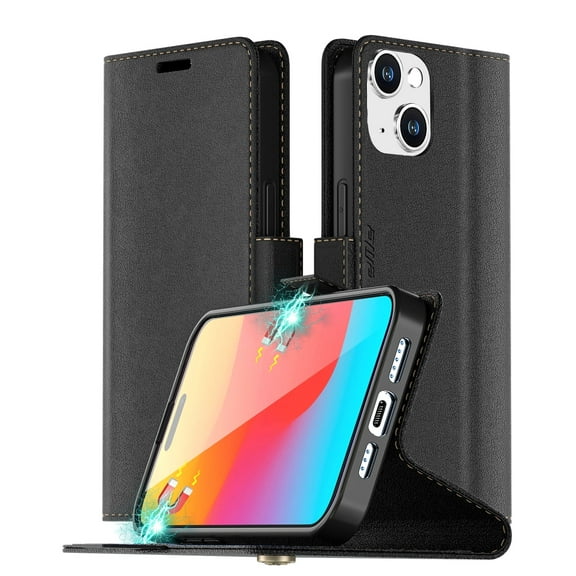 AICase Compatible With iPhone 15 6.1 inch Case Leather Wallet Heavy Duty Folio Cover Flip Shockproof