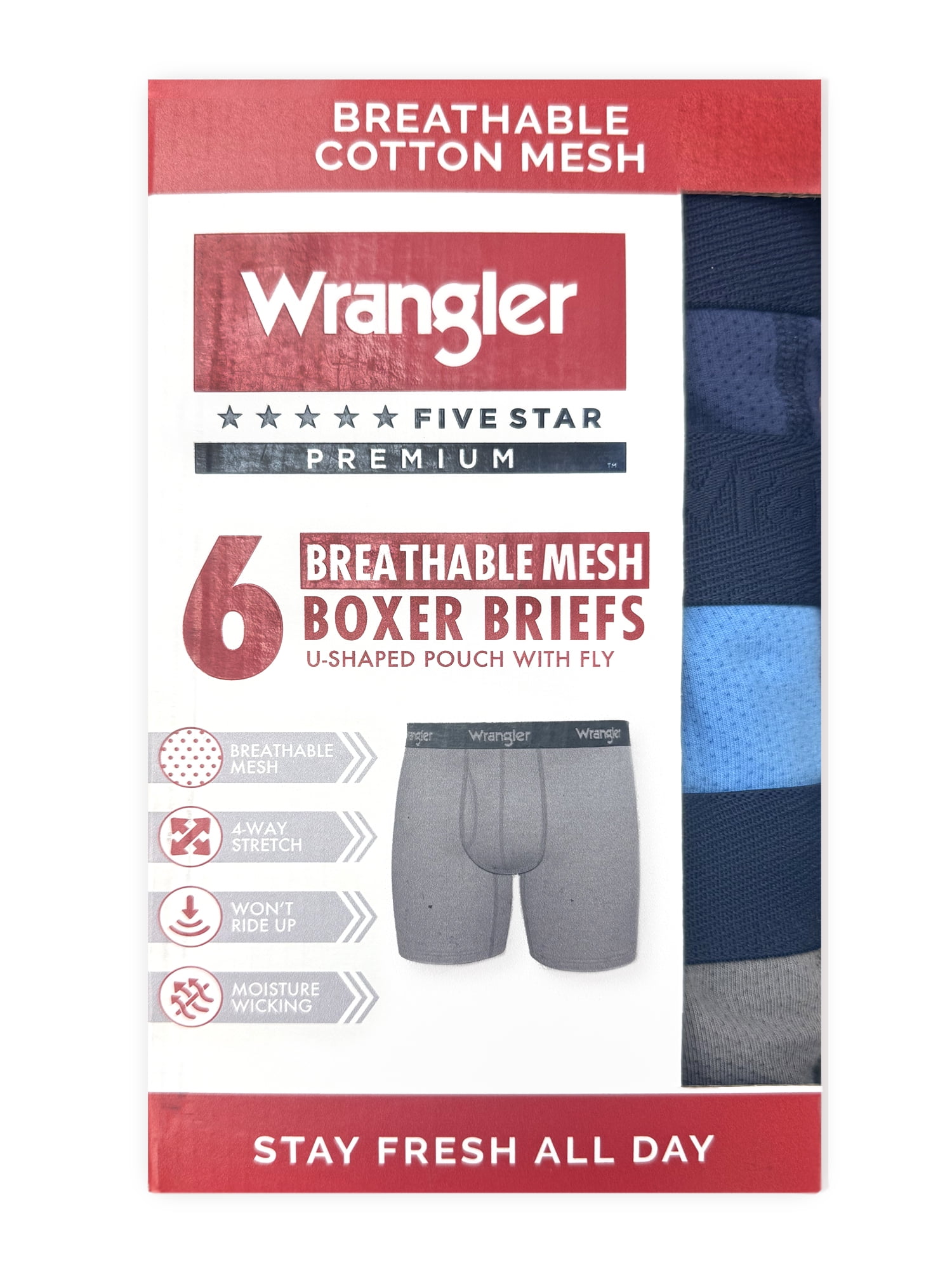 Wrangler 6" Active Cotton Stretch Mesh Boxer Briefs for Men, XL, Navy/Azure Blue/Charcoal, 6-pack