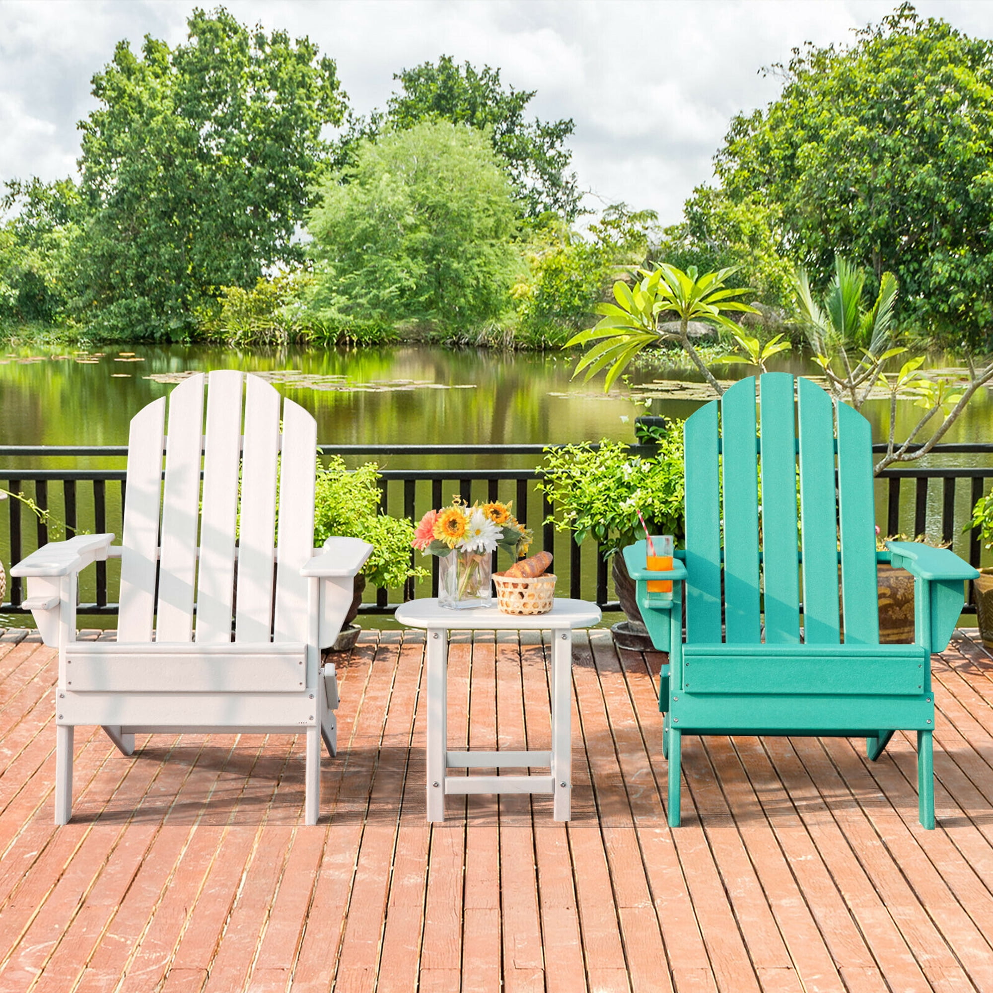 Costway Folding Garden Adirondack Chair with Built in Cup Holder Turquoise