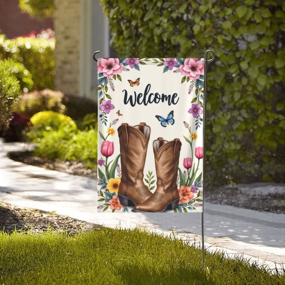 Welcome Spring Summer Garden Flag Floral Cowboy Boots & Butterflies Double Sided 12x18 Inch Yard Flag Outdoor Decor