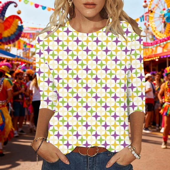 DPTALR Mardi Gras Women's Fashion Printed Casual Round Neck Three-Quarter Sleeve T-shirt,Multicolor,Size M