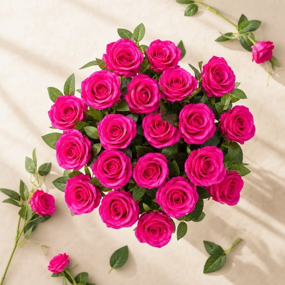 24 Pcs Hot Pink Artificial Roses, Realistic Long Stem Silk Rose Bouquet for Summer Wedding Decoration, Elegant Fake Flowers for Party Table Centerpieces DIY Floral Arrangements