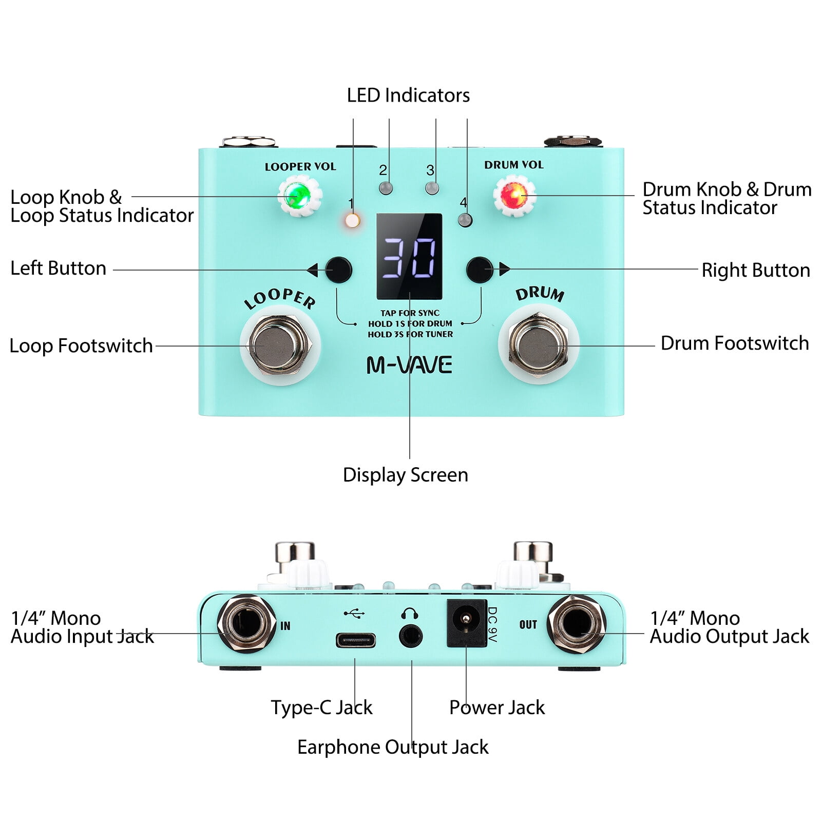 M-VAVE LOST TEMPO Effect Pedal Drum & Looper Effector Mini 2-in-1 Looper & Drum Machine Double Footswitch Looper Pedal Looper Guitar Pedal 30 Drums & 4 Loops High Precision Tuner