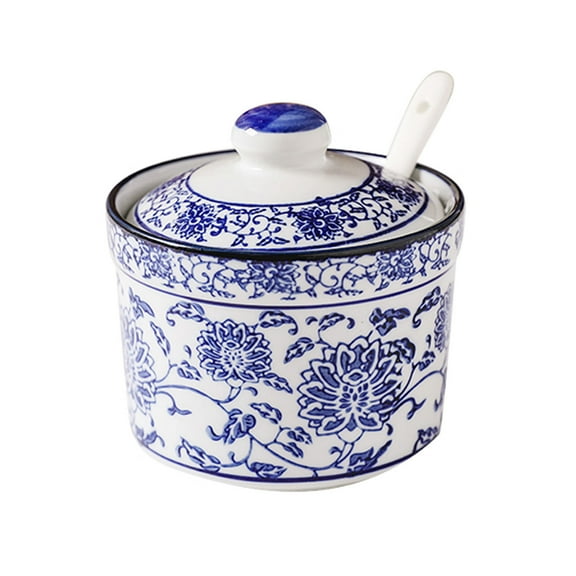 Chinese Blue And White Porcelain Sugar Bowl With Lid, Porcelain Sugar Pot With Spoon, Small Salt Pot, For Coffee Bar, Restaurant-blue and white-Single