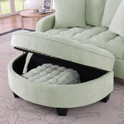 2-Seater Sofa Modern Chaise Lounge with Storage Footrest, Irregular Curved Armrests, Plush Checkered Cushions, 2 Throw Pillows, Cyan