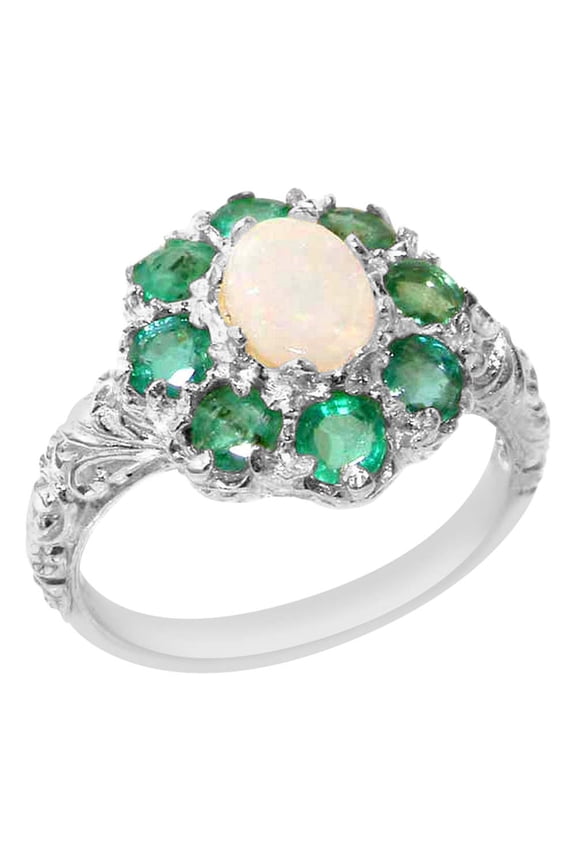 LBG British Made 925 Sterling Silver Genuine Natural Opal & Emerald Womens Anniversary Ring - 33 size options - Size 5.5