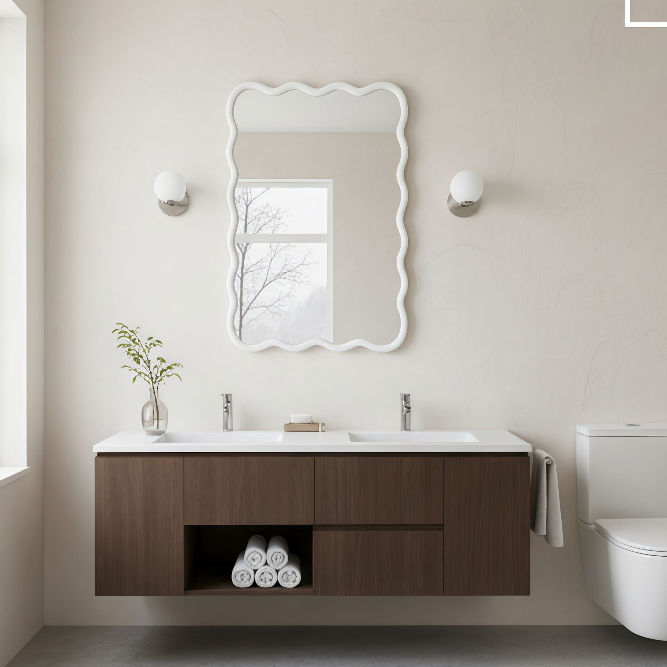 Noble House 20"x30" Wavy Rectangle Wall Mirror, Solid Wood Decorative Vanity Mirror, White