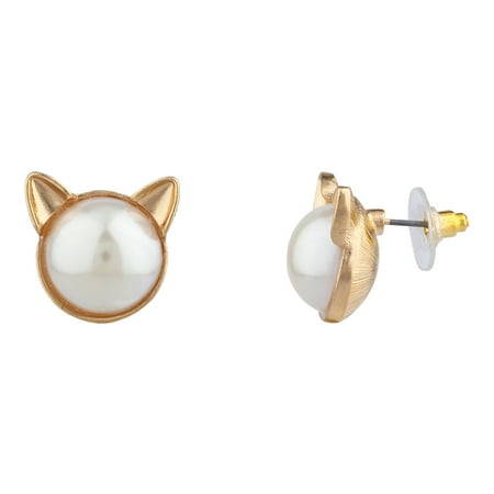 Faux Shell Earrings - Lux Accessories Gold Tone Faux Pearl Stone Cat Ear Animal Novelty Stud Earrings