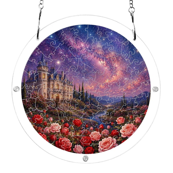 Fantasy Castle Night Sky Roses Acrylic Jigsaw Puzzles 83 Pieces Suncatcher for Window Hanging 7.5 Inch Holiday Home Decor