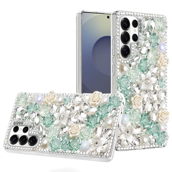 For Samsung s26 Ultra Rose Flower Full Diamond Bling Stones - Green
