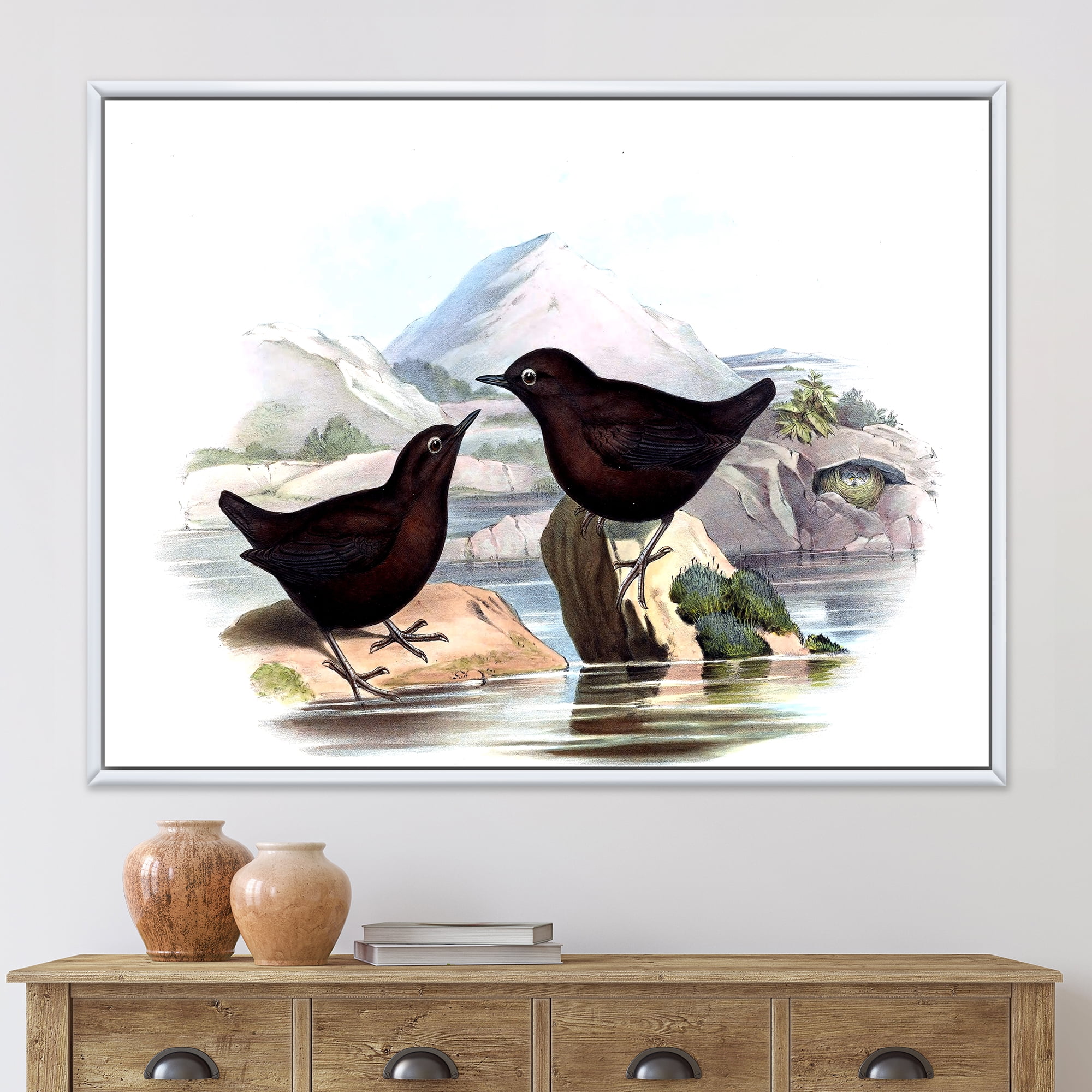 Designart 'Vintage Countryside Two Birds' Farmhouse Framed Canvas Wall Art Print