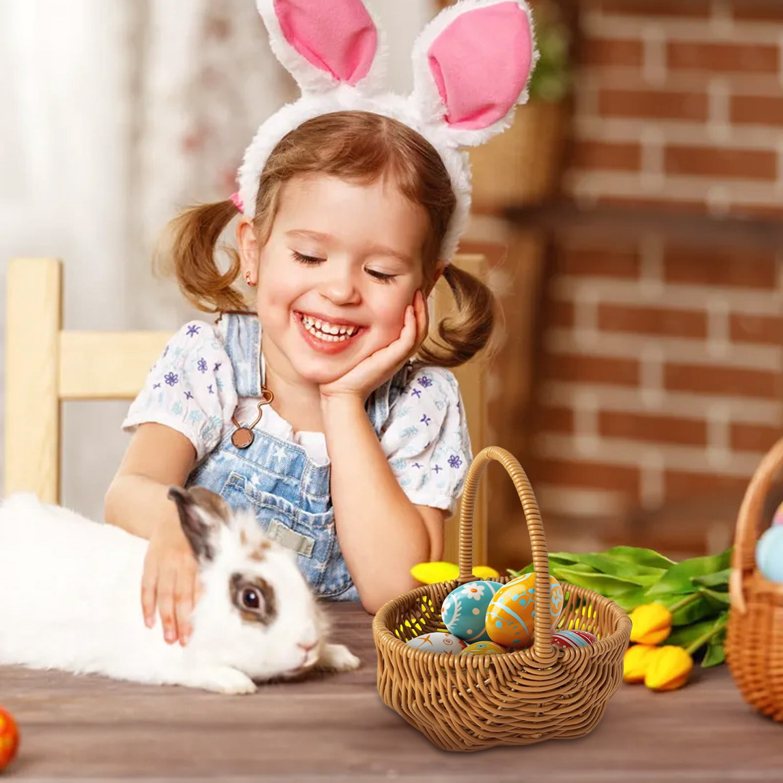 XKHZJL Wicker Easter Basket with Handle, Wicker Picnic Basket Flower Girl Basket Small Woven Gift Basket for Kids Egg Hunt, Candy, Eggs and Bunny Charm, Spring Party Decor Wedding