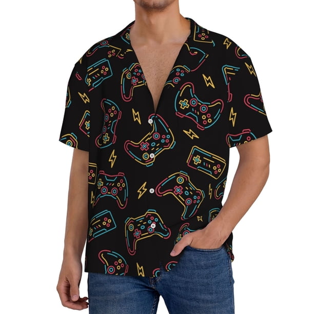 Balery Colorful Game Controller Camisa Casual de Manga Corta con Botones para Hombre, Texturizada, Estilo Cubano, para Playa, Verano-Large