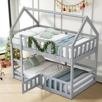 Aukfa Twin-over-Twin Bunk Bed with Fence and Door, Solid Wood House Bunk Bed for Kids Toddy - Gray