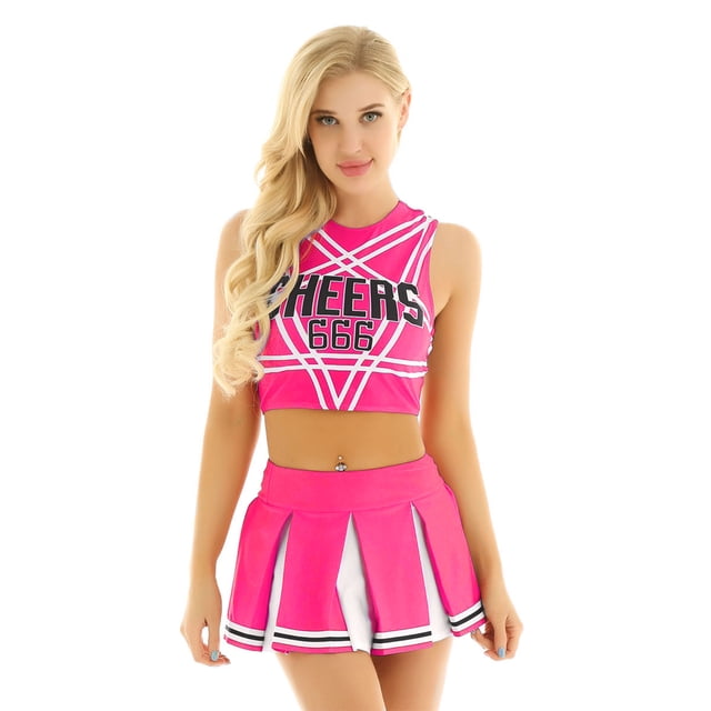 Oyolan Uniforme de Cheerleader Sans Manches pour Femme avec Jupe Robe Rose Vif m