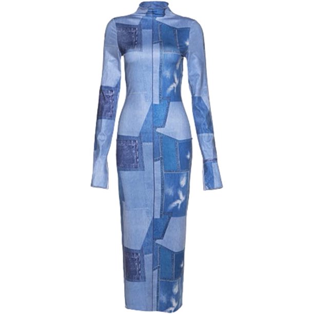 CoCopeaunt Denim Body Print Maxi Dress Women Long Sleeve Sexy Bodycon Dress Y2k Dress Poster