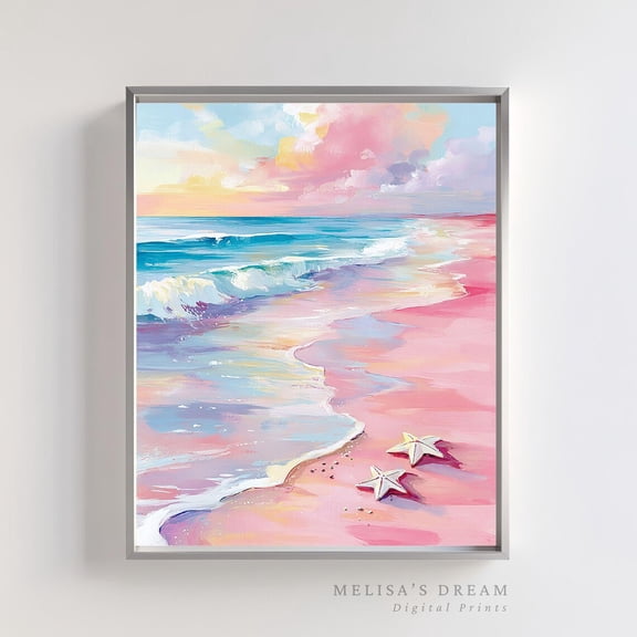 Pink Pastel Beach Print Coastal Sunset with Starfish Decoration, Unframed Paper Poster 8x10in