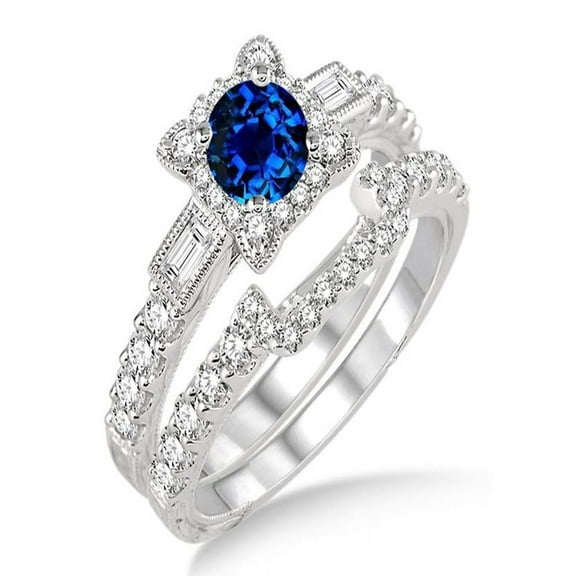 1.5 Carat Sapphire and Diamond Vintage floral Bridal Set Engagement Ring on 10k White Gold