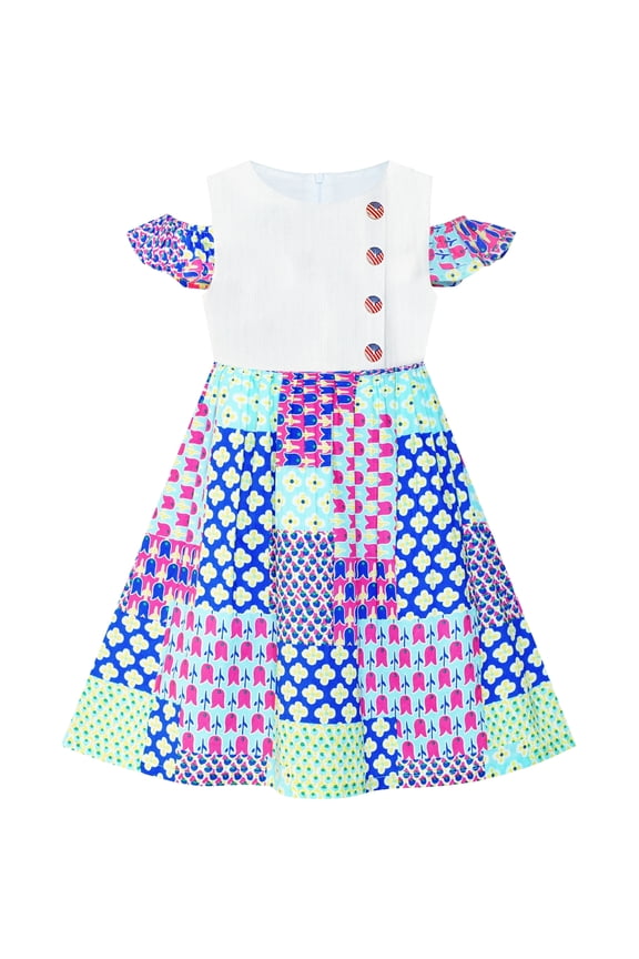 Girls Dress Button Front Cold Shoulder Cotton Casual 5 Years