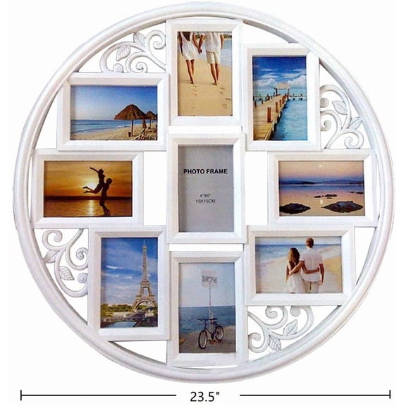 4x6 Round Wall Collage Picture Frame with Leaf Decoration, 9-Opening White Wall Hanging Photo Display