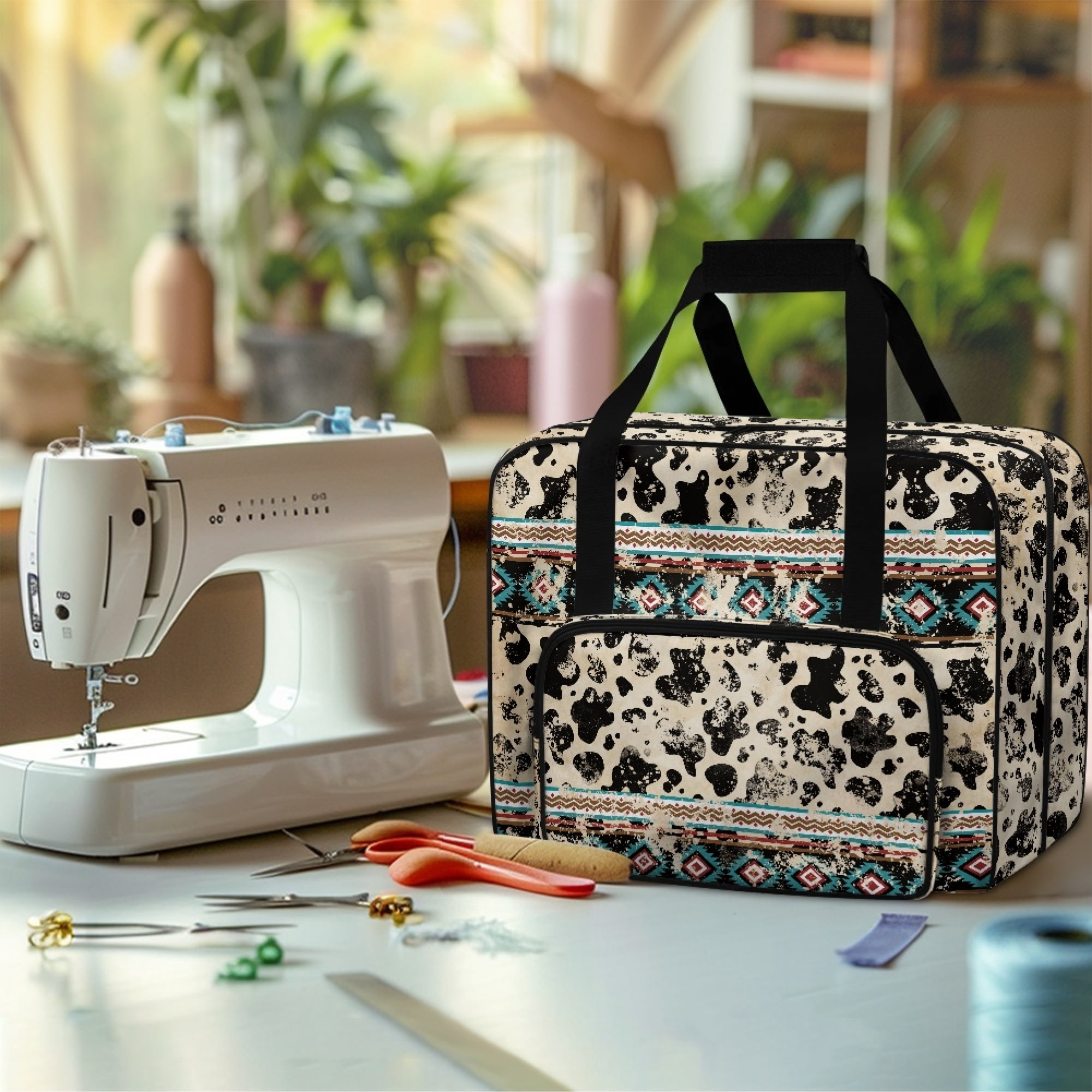 ZIATUBLE Aztec Southwest Carry Tote Bag Cow Print Sewing Machine Organizer with Storage Pocket Traveling Bag with Zipper Lightweight Sewing Machine Needle Storage Case Home Decor