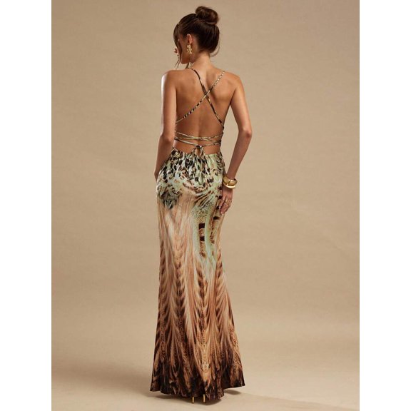 Brown Abstract Print Deep V-Neck Backless Bodycon Maxi Dress, Mermaid Silhouette Evening Dress