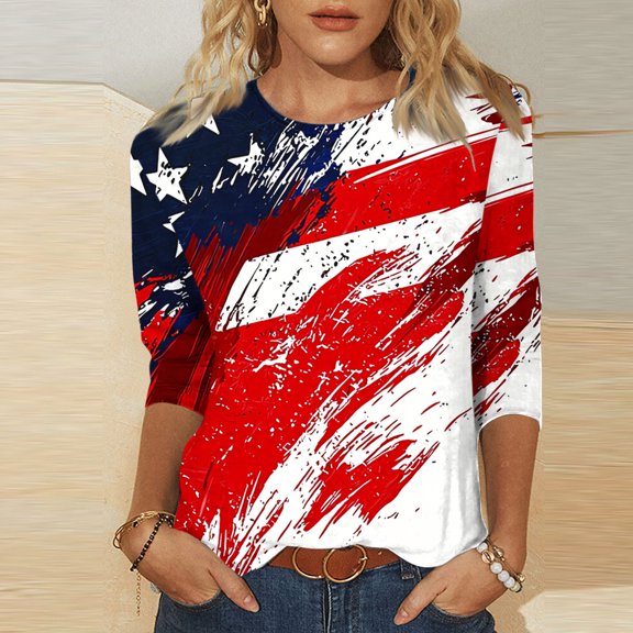 Aboser 4th of July Shirt for Women American Flag Patriotic T-Shirts Summer 3/4 Length Sleeve Tops Independence Day Festival Tshirts