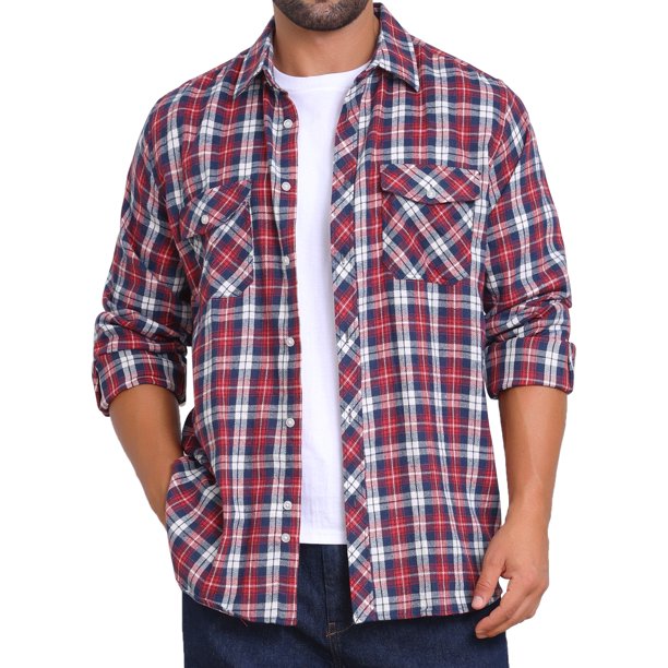 Camisas de hombre de ajuste slim de colores contrastantes con bolsillo, de manga larga y botones, 2XL, rojo y azul marino