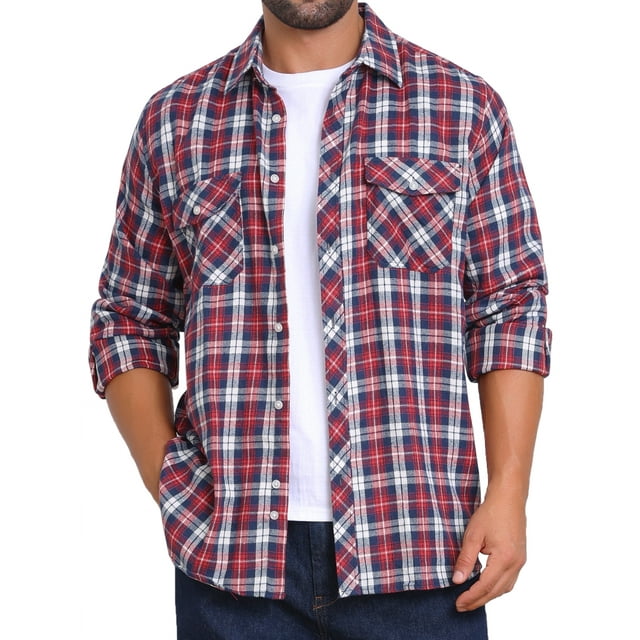 Camisas de hombre de ajuste slim de colores contrastantes con bolsillo, de manga larga y botones, 2XL, rojo y azul marino