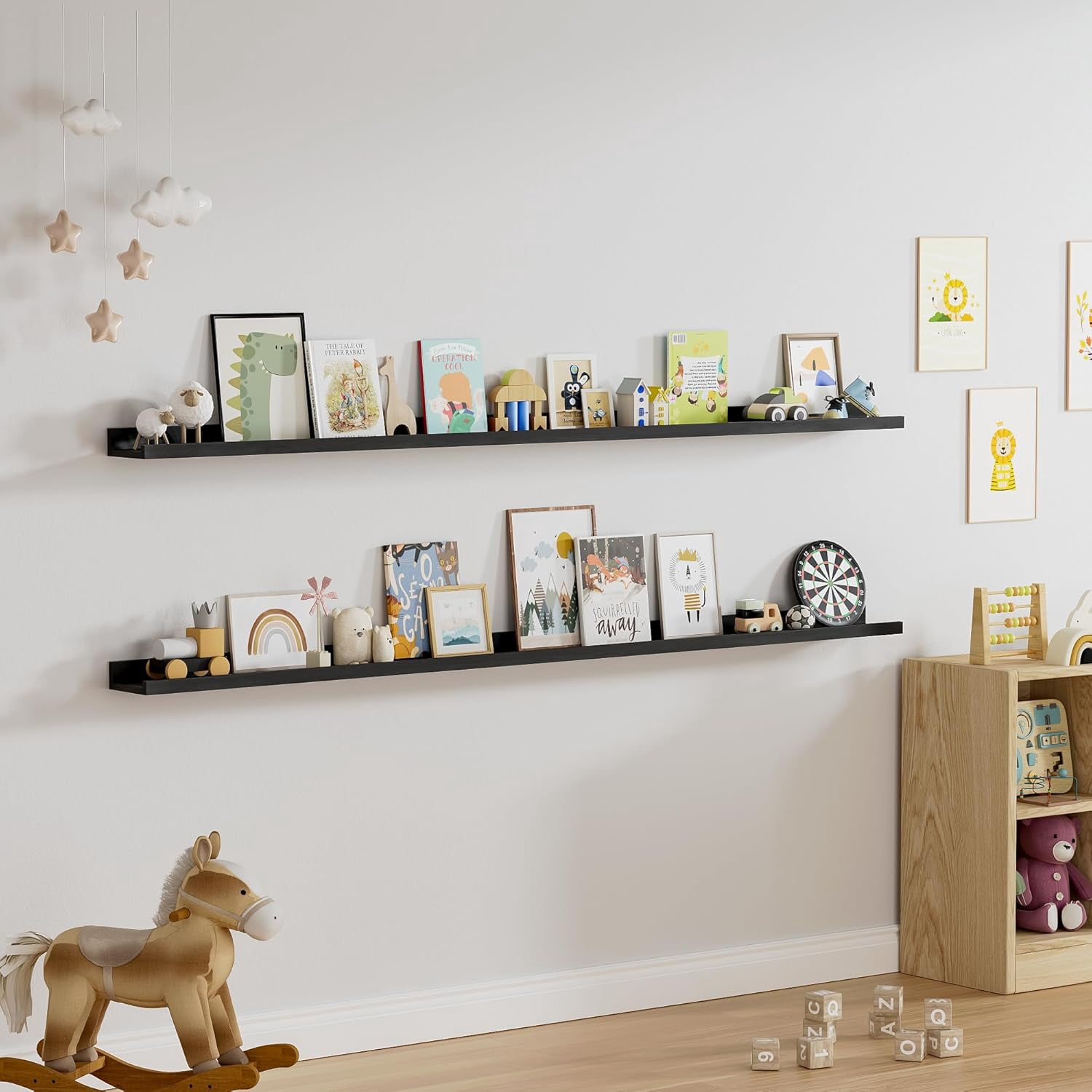 Long Floating Shelves for Wall, 72 inch Solid Wood Picture Ledge Shelf, Picture Shelf for Wall with Ledge, Floating Book Shelves for Living Room Bedroom Kitchen Nursery Decor, Black, Set of 2