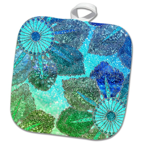 3dRose, Sparkling Green and Blue Shiny Glitter Flower , 8x8 Potholder