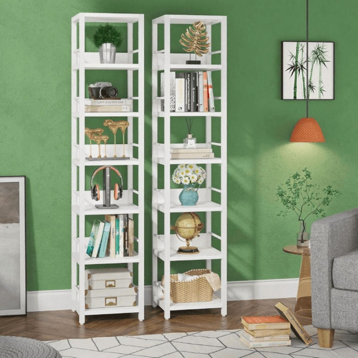 6-Tier Corner Bookshelf, Space-Saving Storage Rack with Anti-Slip Fences, Multipurpose for Living Room, Kitchen, Bathroom