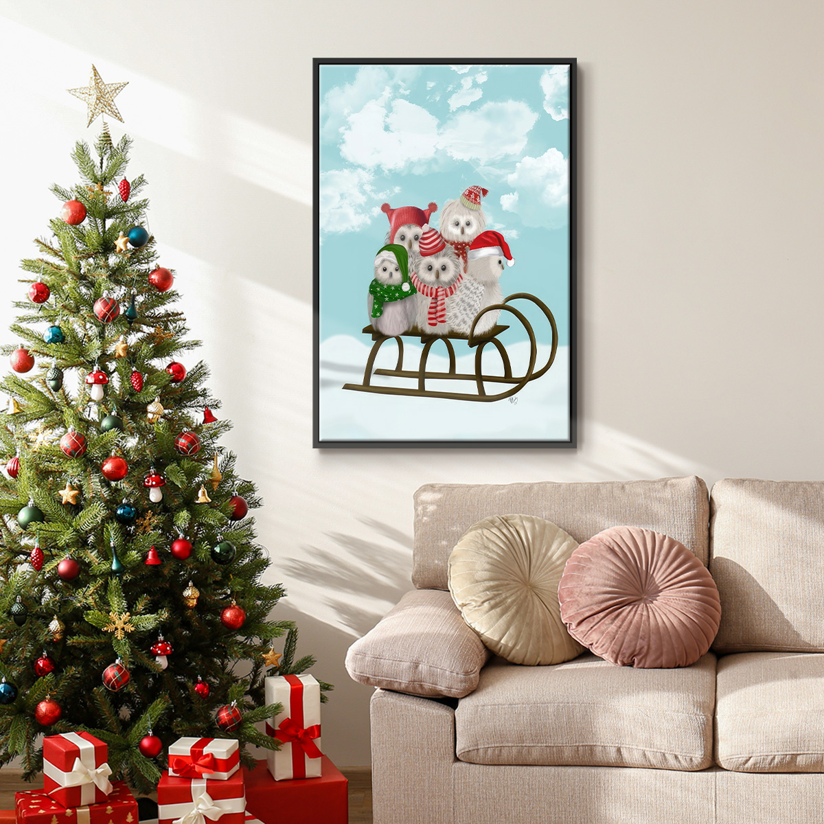 Christmas Christmas Owl Sled - Framed Gallery Wrapped Holiday Canvas - 27 x 41 - Black Frame