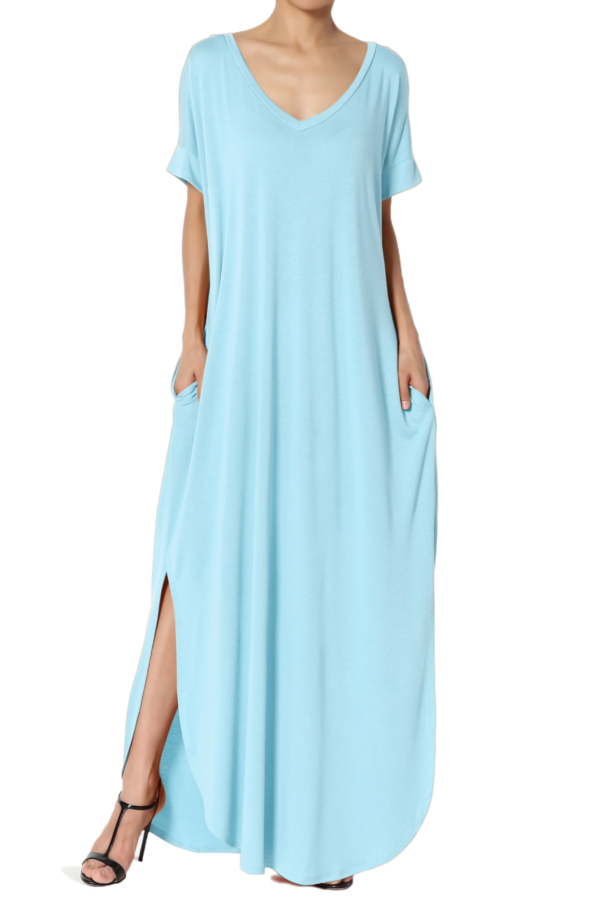 TheMogan Casual Short Sleeve Viscose Jersey Relaxed T-Shirt Slit Long Maxi Dress