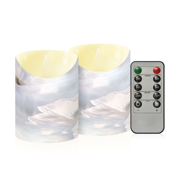 2 PCS Tilted Flameless Candles Flickering LED Lights Battery Operated Candles with Remote Timers for Holiday Decor White Floral