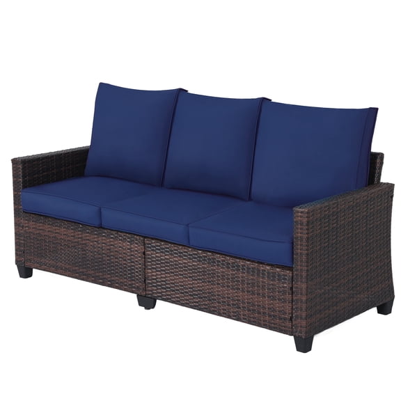 Hoffeorrad 3-Seater Outdoor Sofa, PE Wicker Patio Couch with Waterproof Blue Cushions & Steel Frame for Garden, Poolside - Blue
