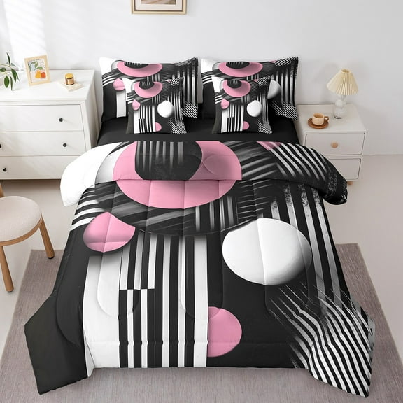 Erosebridal Round Stripes Bedding Sets Twin Size,Black Pink Comforter Sets with Sheets,Geometric Lines Bed in a Bag Twin size,Super Cozy Abstract Bedroom Decorative,Reversible,7pcs