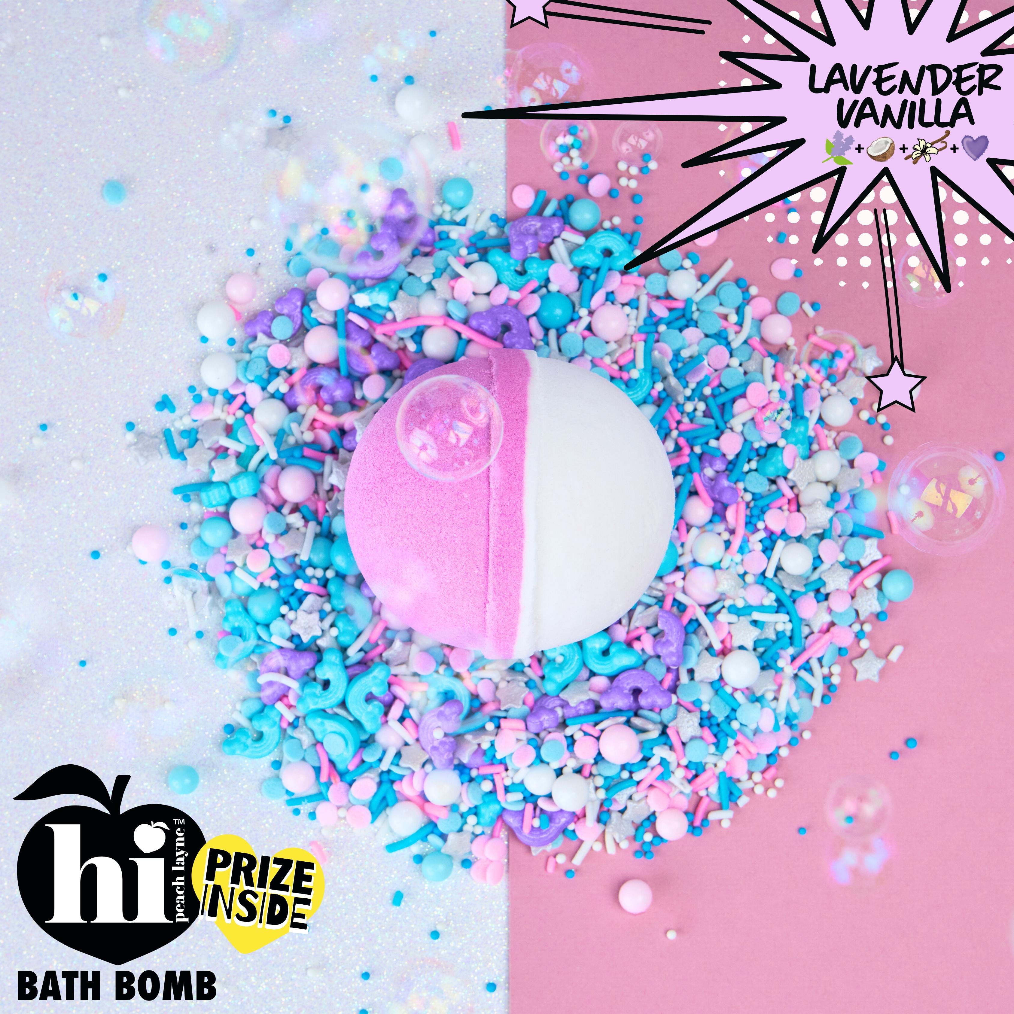 Hi Peach Layne Purple White Clean Beauty Aromatic Bath Bomb with Prize, Lavender Vanilla, 4.5oz