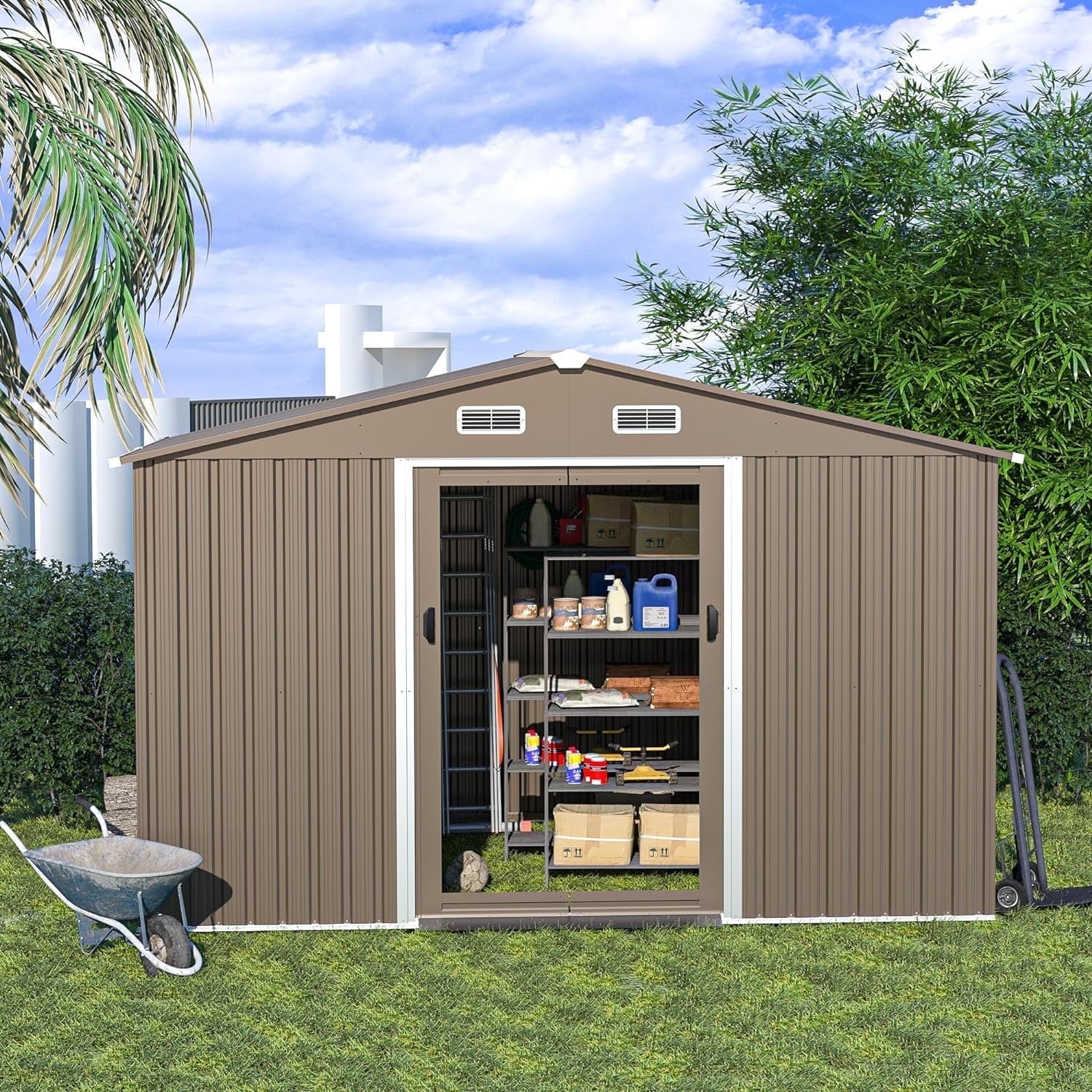 Kullavik 10' x 8' Metal Storage Shed with Lockable Sliding Doors, Air Ventilation Design - Outdoor Utility Shed for Garden, Backyard, Patio, and Lawn Tools