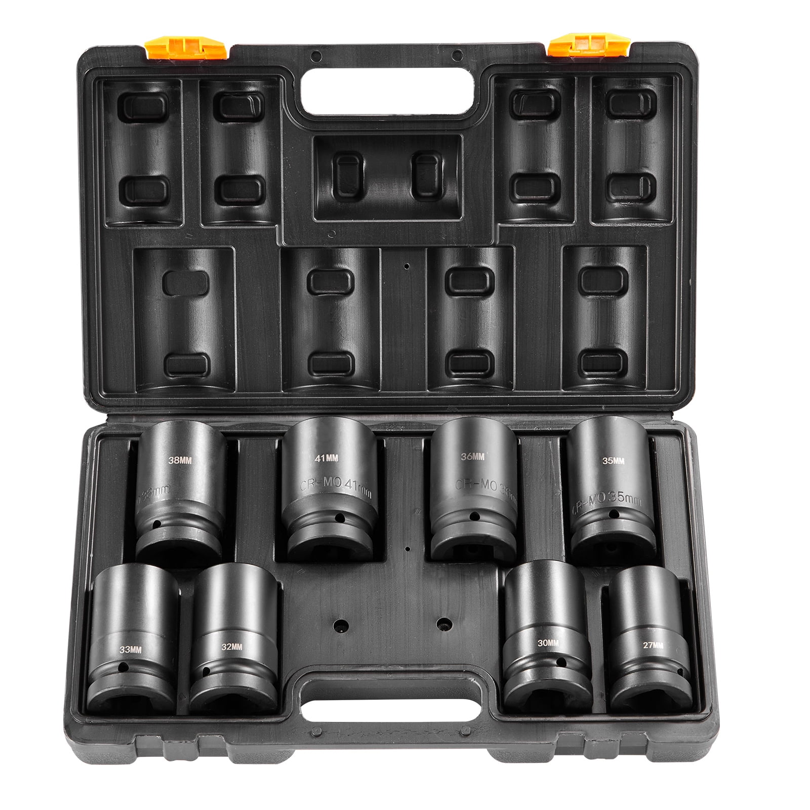 KFFKFF 1" Drive Deep Impact Socket Set, 8 Pcs, Metric 27-41mm, 6-Point, Cr-Mo Steel, for Vehicle Maintenance, Clear Size Labels, Durable Build, Comes with Case