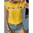 thumbnail image 6 of Women'S Floral Embroidery Blouse Crew Neck Short Sleeve Summer Boho Shirt Yellow XXL, 6 of 9