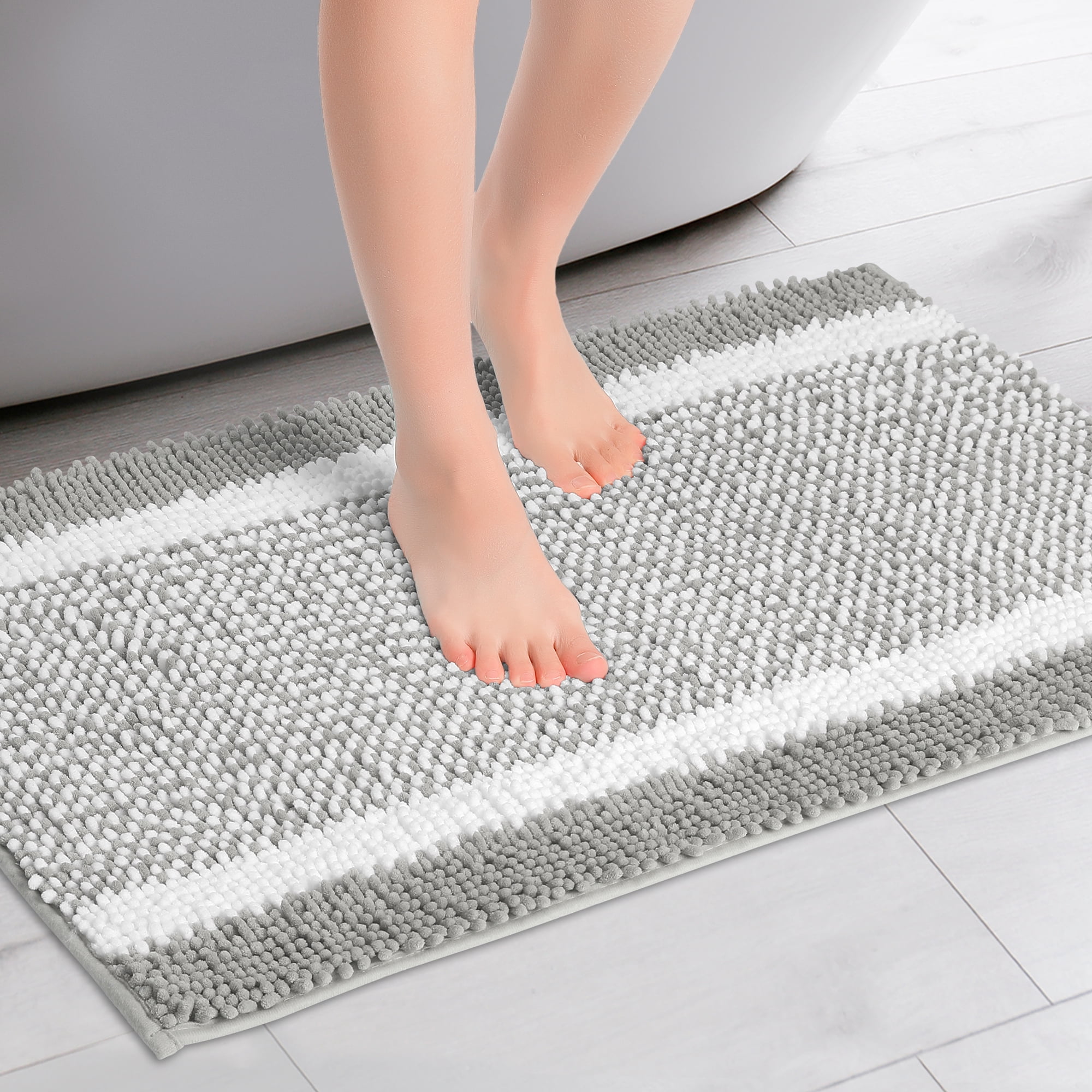 Unique Bargains Chenille Striped Bathroom Rug Mat Non-Slip Soft Plush Shaggy Bath Carpet Grey 16" x 24"